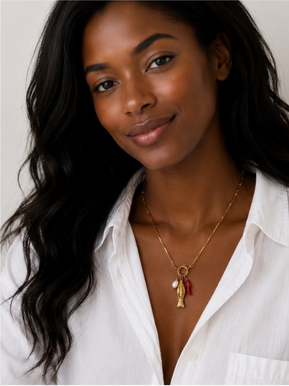New! Gold Fish Charm Necklace Pearl & Red Chili Pendant Coastal Boho (1055) NWOT